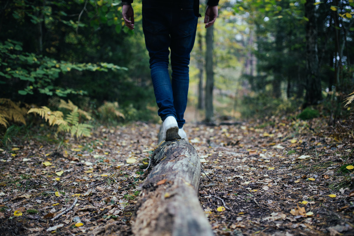 Persona che cammina in equilibrio su un tronco d'albero immersa nella natura